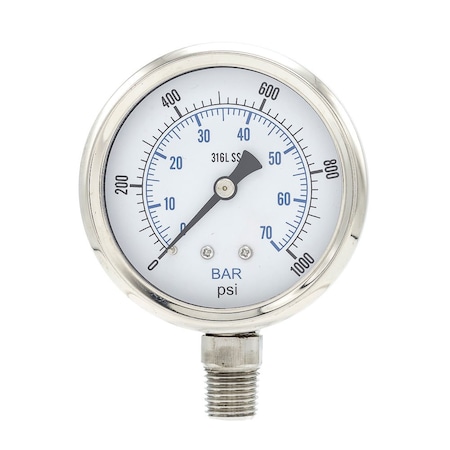 Pic Gauges 2 1/2 in Dial, 1/4 in NPT Male Lower Location, Stainless Steel Case Material PRO-301D-254M-01